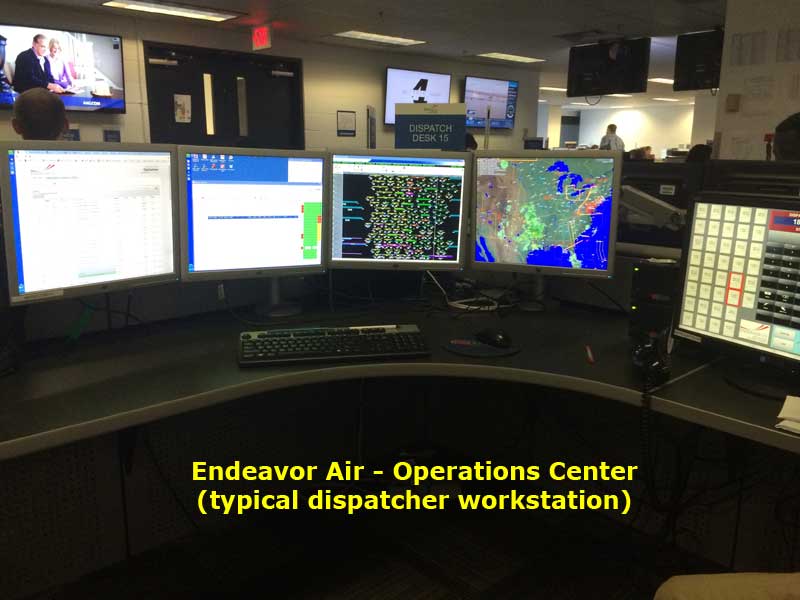 A view inside Endeavor Air's Operational Control Center Aircraft dispatcher desk